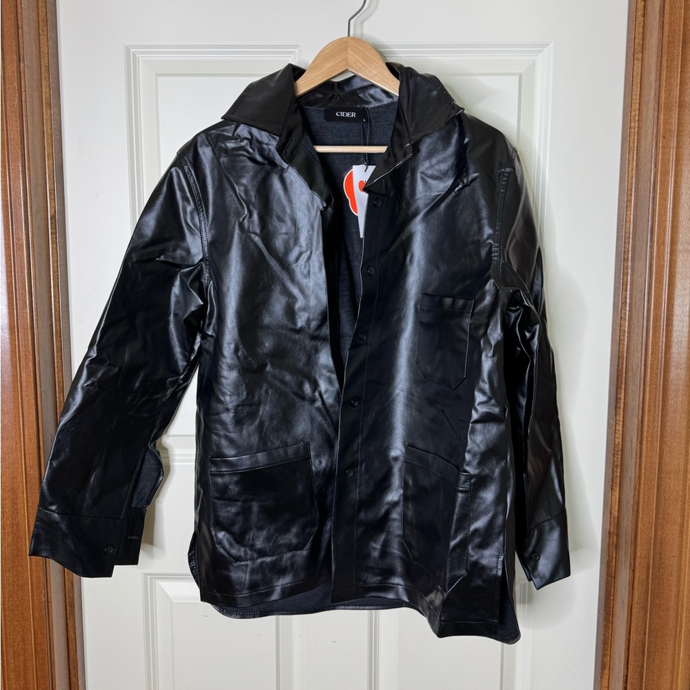 Cider Vegan Leather Black Button Down Long Sleeve Shirt Jacket Size L NWT